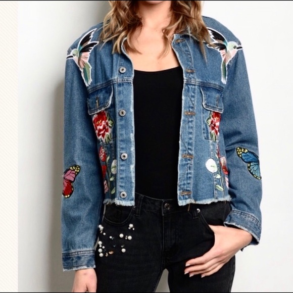 ASOS Maggie embroidered Denim crop trucker jacket - Picture 1 of 8